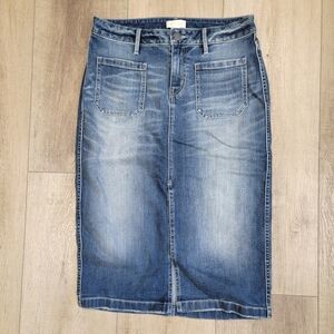 Hinge Denim Skirt Sz Small Midi Knee Length Stretch Blue Jean Front Slit Pencil